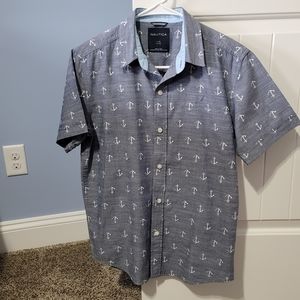 Nautica youth boys large button up short blue with anchors